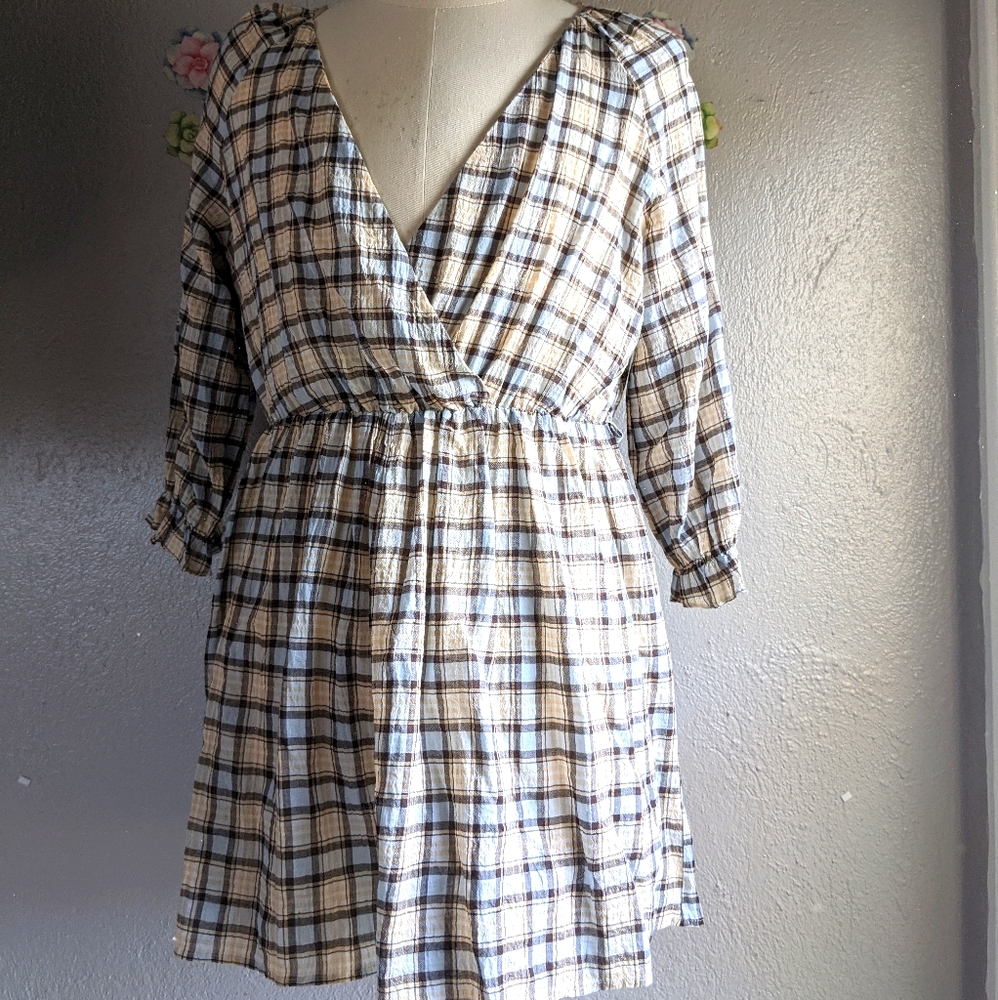 Zara Plaid 3/4 Ruched Sleeve Romper NWT